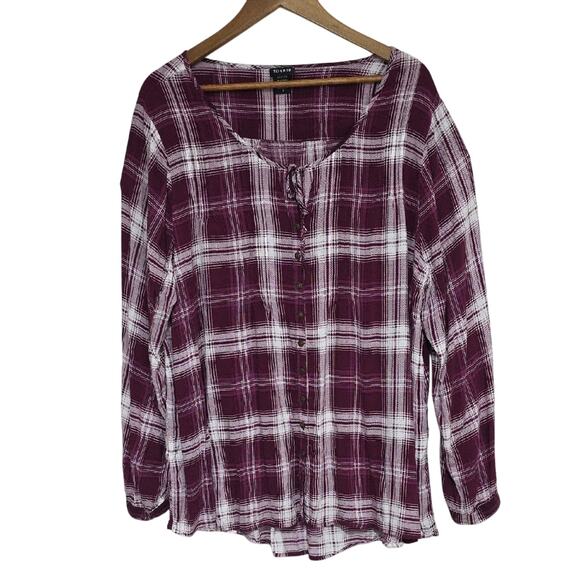 Torrid Womens Sz 3 Burgundy Plaid Button Up BOHO Grunge Festival 100% Rayon Top - Picture 1 of 12